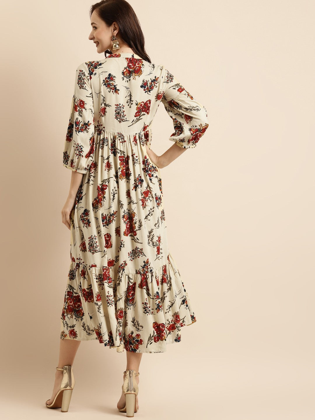 Off White & Red Floral Liva Ethnic A-Line Maxi Ethnic Dress