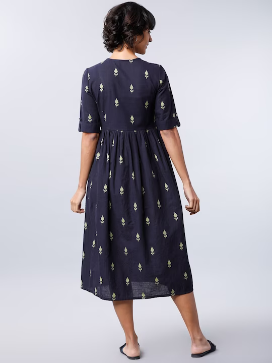 Women Navy Blue Self Design Fit and Flare Dress