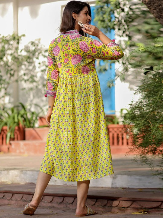 Yellow Floral Printed Cotton Empire Midi Ethnic Dresses