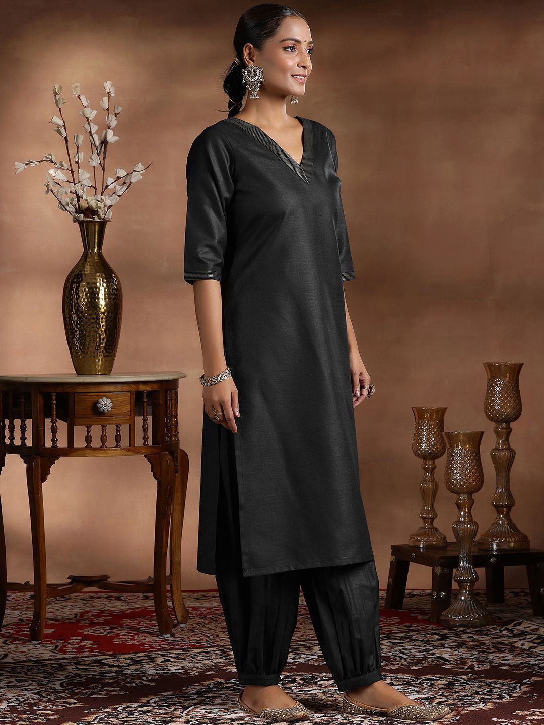 V-Neck Kurta with Salwar & Dupatta