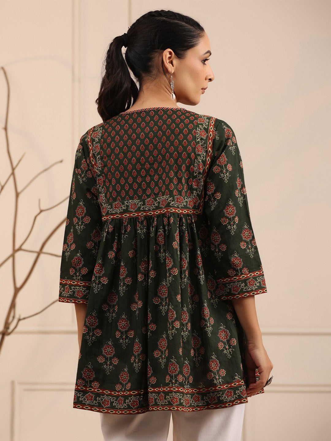 Green & Maroon Floral Printed Sequinned Pure Cotton Sequinned Kurti