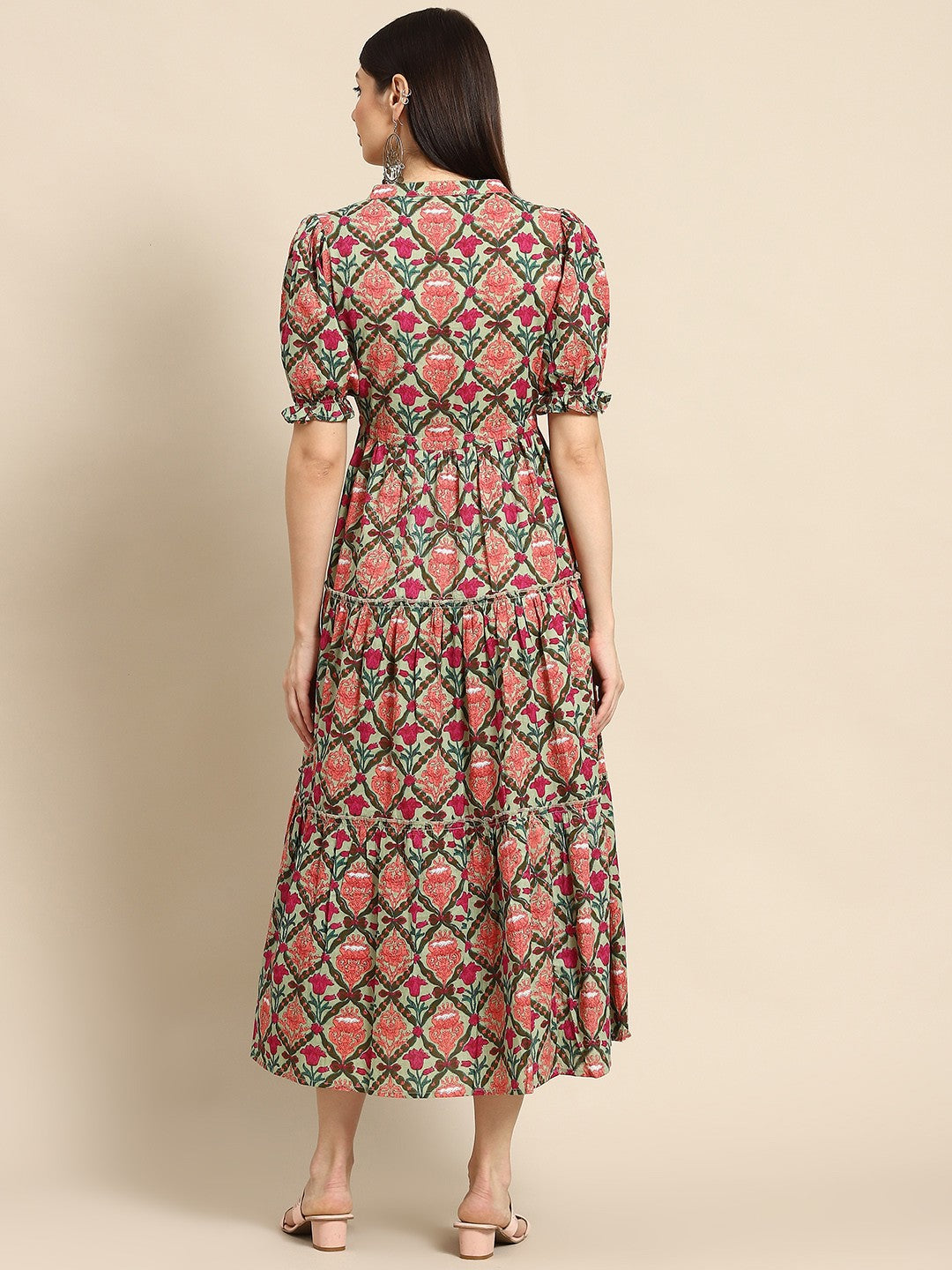Green & Pink Ethnic Motifs Printed Tiered Pure Cotton A-Line Midi Dress