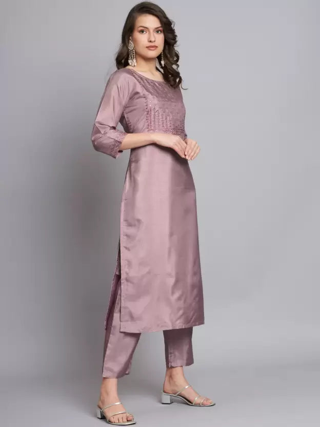 Women Lavender Silk Blend Kurta Pant Dupatta Set
