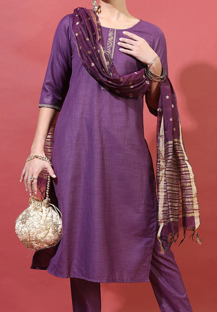 Women Purple Ethnic Straight Kurta with Trousers & With Dupatta