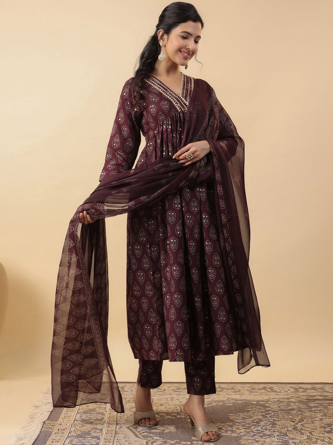 Women Ethnic Motifs Printed Pleated Kurta with Trousers & With Dupatta