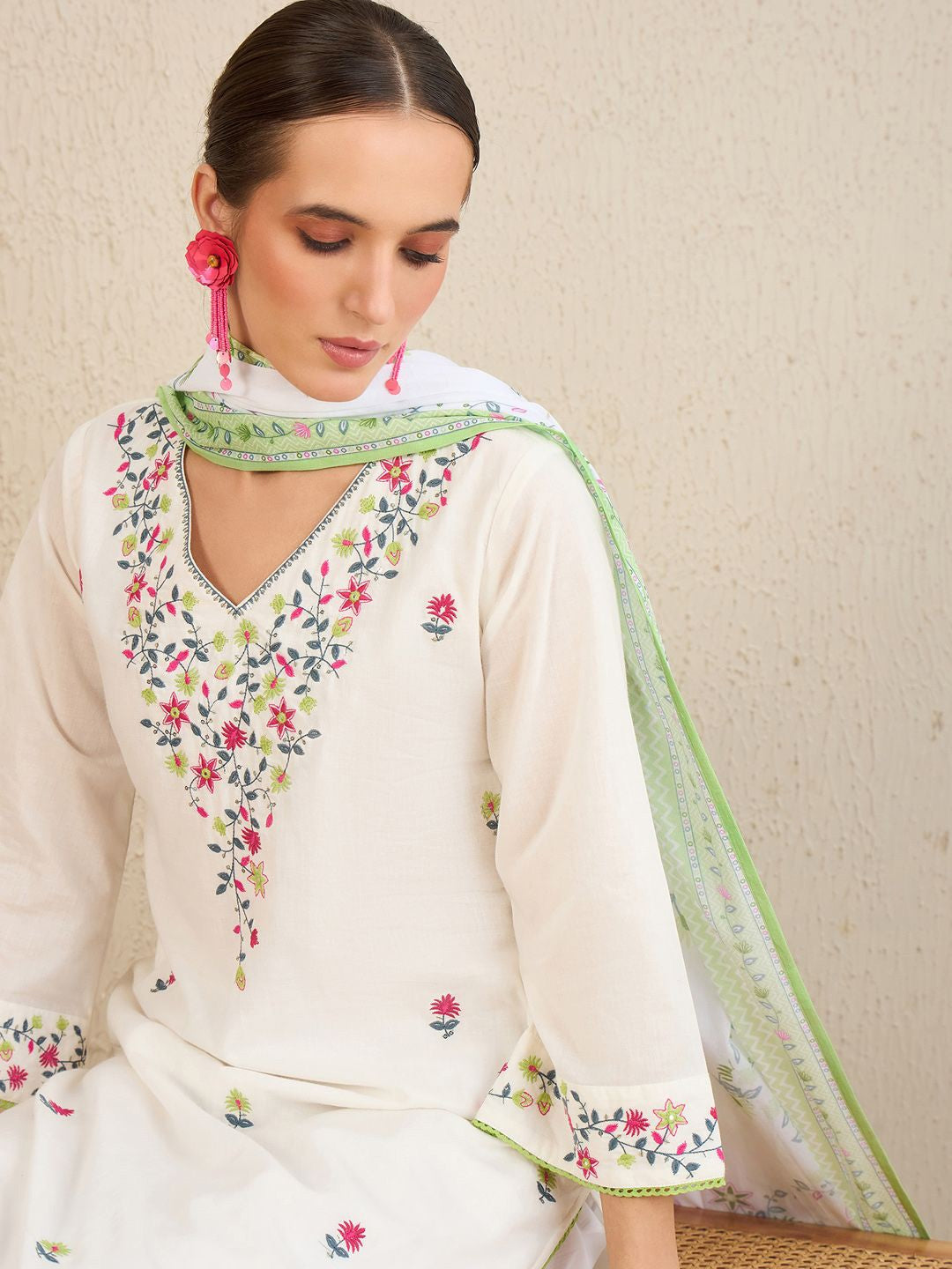 Floral Embroidered Pure Cotton Kurta With Trousers & Dupatta