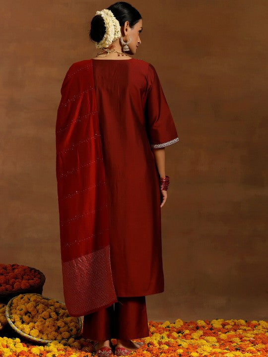 Floral Embroidered Sequinned Straight Kurta With Trousers And Dupatta
