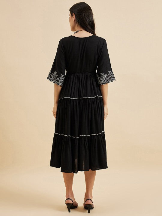 Floral Embroidered V Neck Bell Sleeves Empire Fit & Flare Tiered Dress