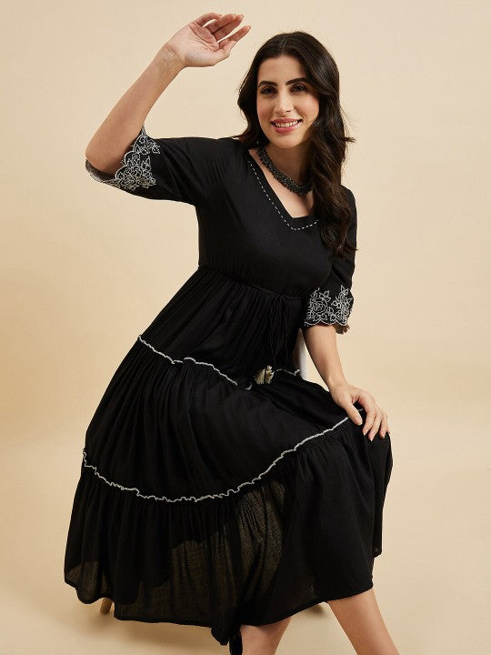 Floral Embroidered V Neck Bell Sleeves Empire Fit & Flare Tiered Dress