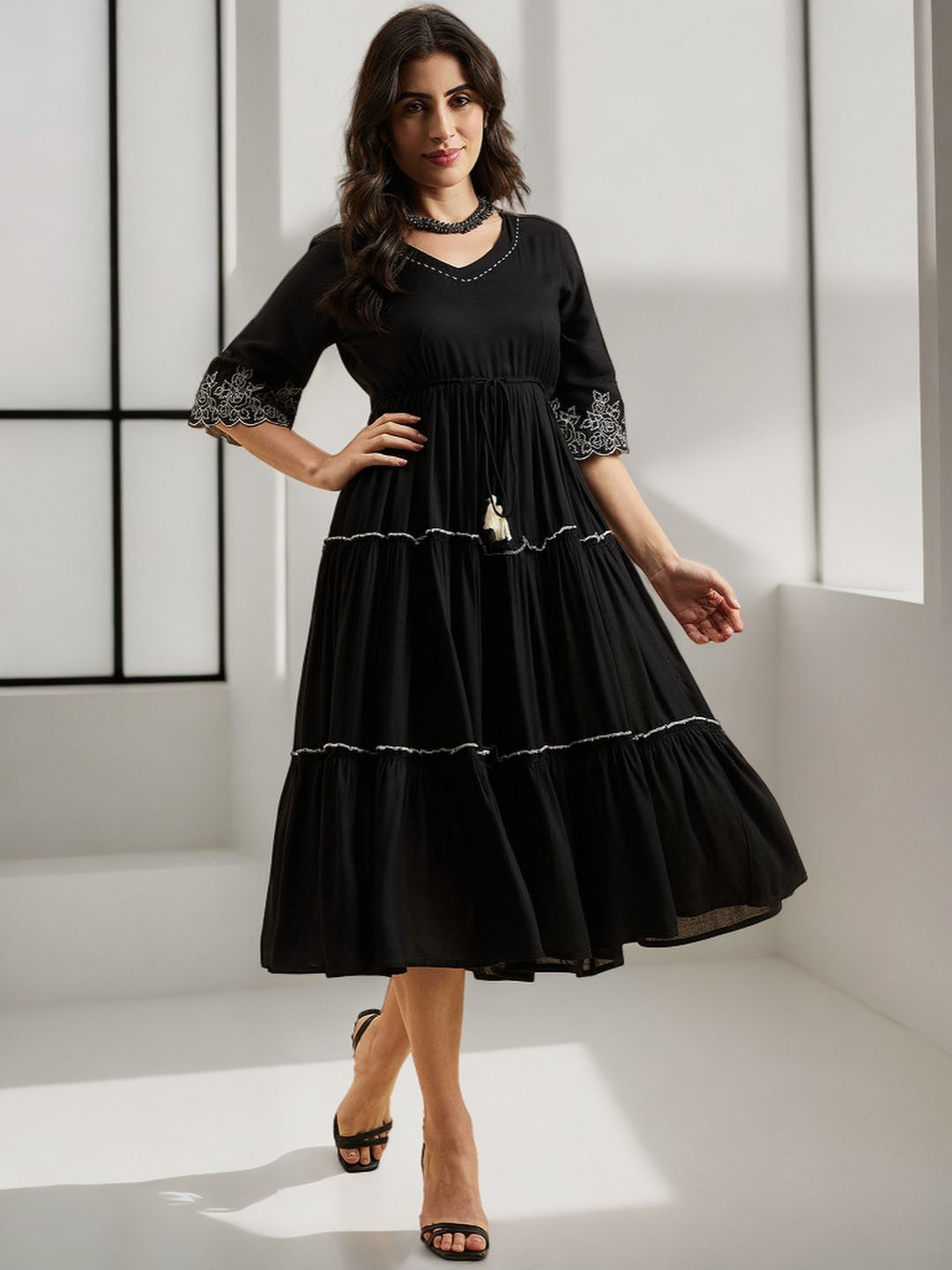 Floral Embroidered V Neck Bell Sleeves Empire Fit & Flare Tiered Dress