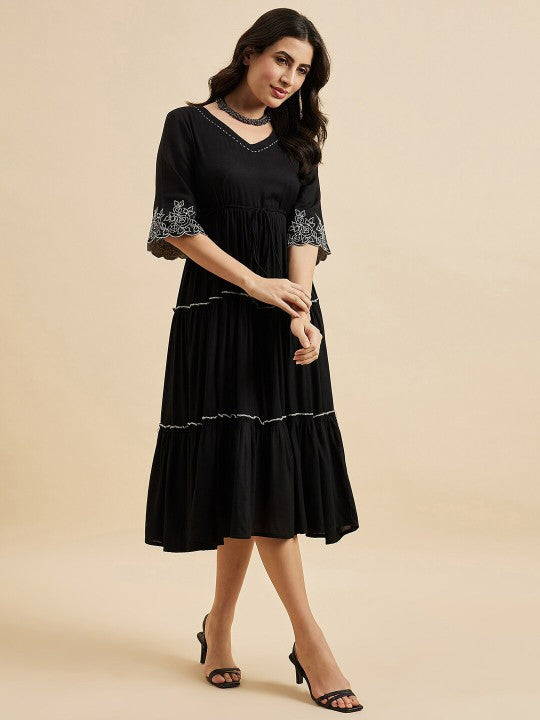 Floral Embroidered V Neck Bell Sleeves Empire Fit & Flare Tiered Dress