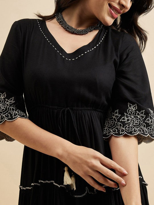 Floral Embroidered V Neck Bell Sleeves Empire Fit & Flare Tiered Dress