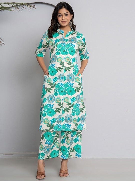Floral Printed Mandarin Collar Pure Cotton Kurta with Palazzos