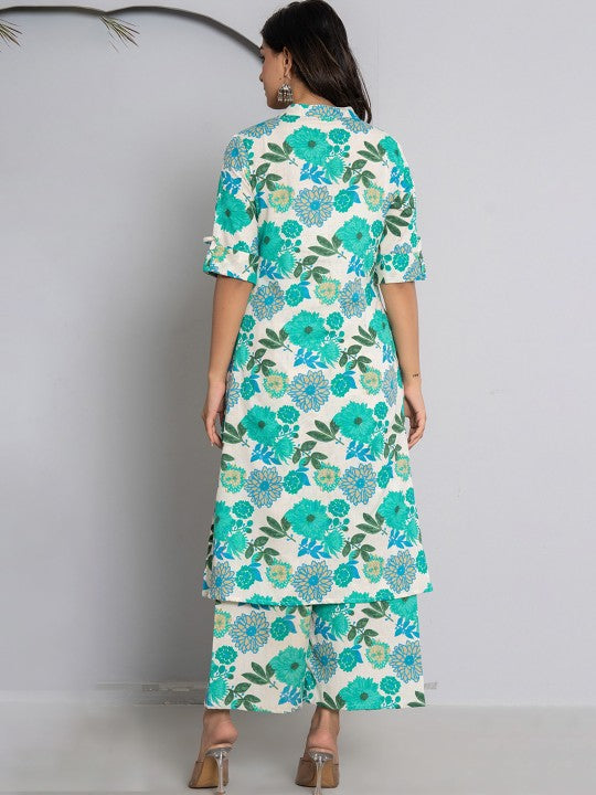 Floral Printed Mandarin Collar Pure Cotton Kurta with Palazzos