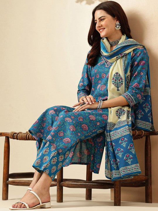 Floral Printed Regular Pure Cotton Kurta With Trousers & Dupatta