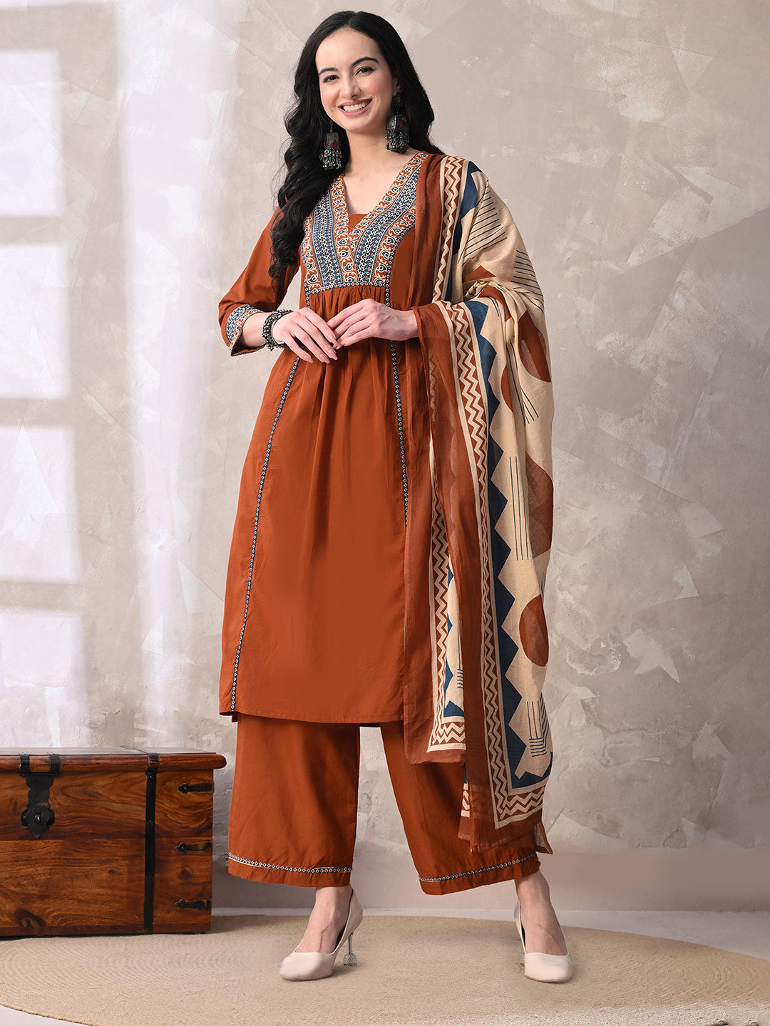 Floral Printed Sequinned Pure Cotton Kurta with Palazzos & With Dupatta