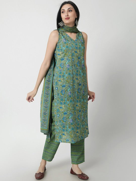 Floral Printed Sleeveless Cotton Straight Kurta & Trousers & Dupatta