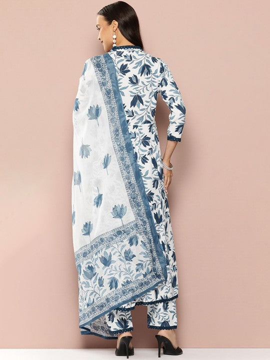 Floral Printed Straight Thread Work Pure Cotton Kurta with Trousers & With Dupatta