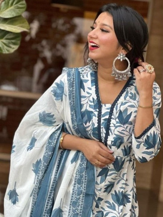 Floral Printed Straight Thread Work Pure Cotton Kurta with Trousers & With Dupatta