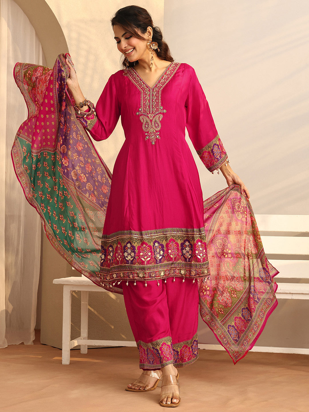 Pink Floral Printed Silk Blend A-line Suit Set