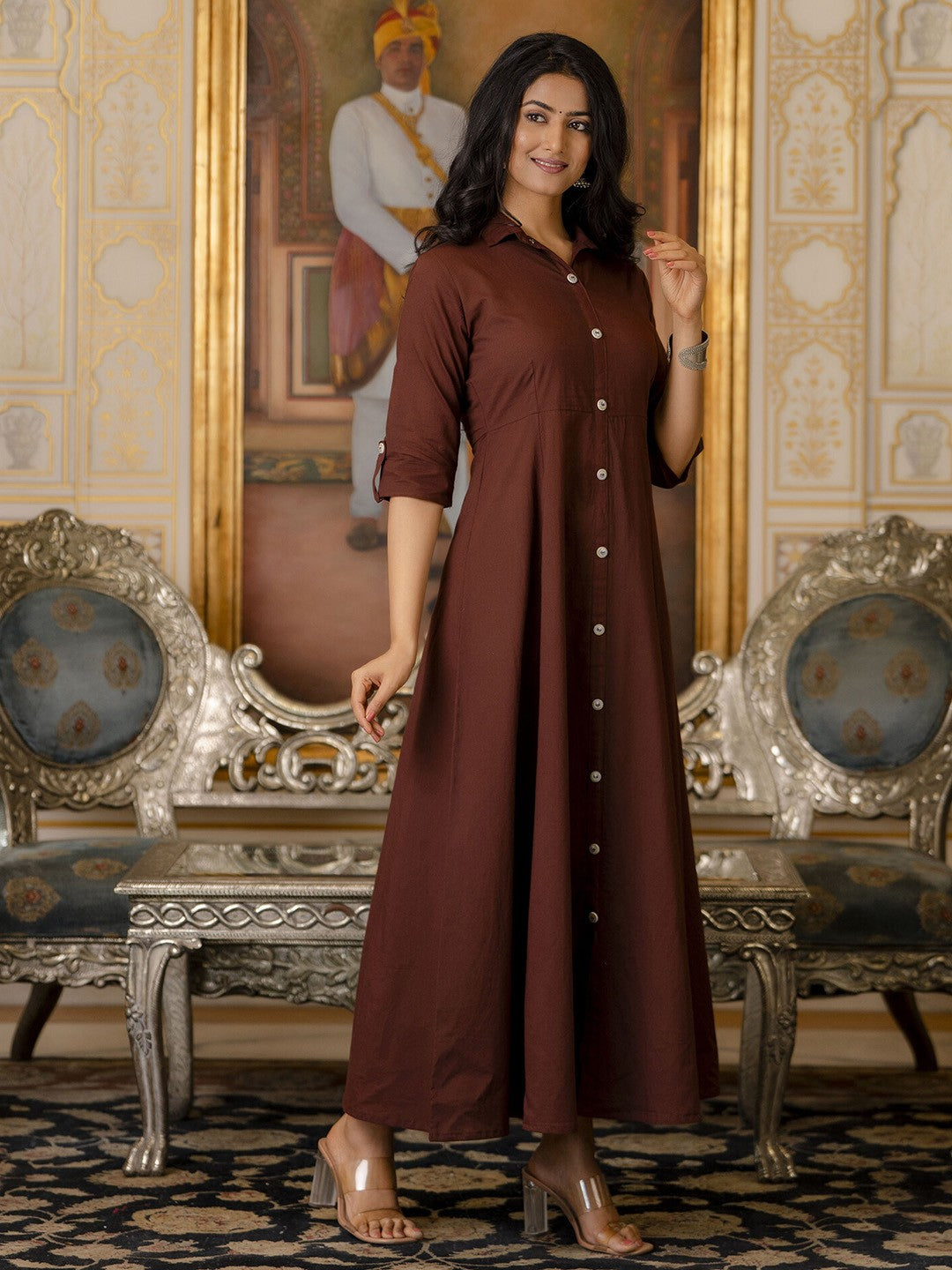 Coffee Brown Shirt Cotton Maxi Dress