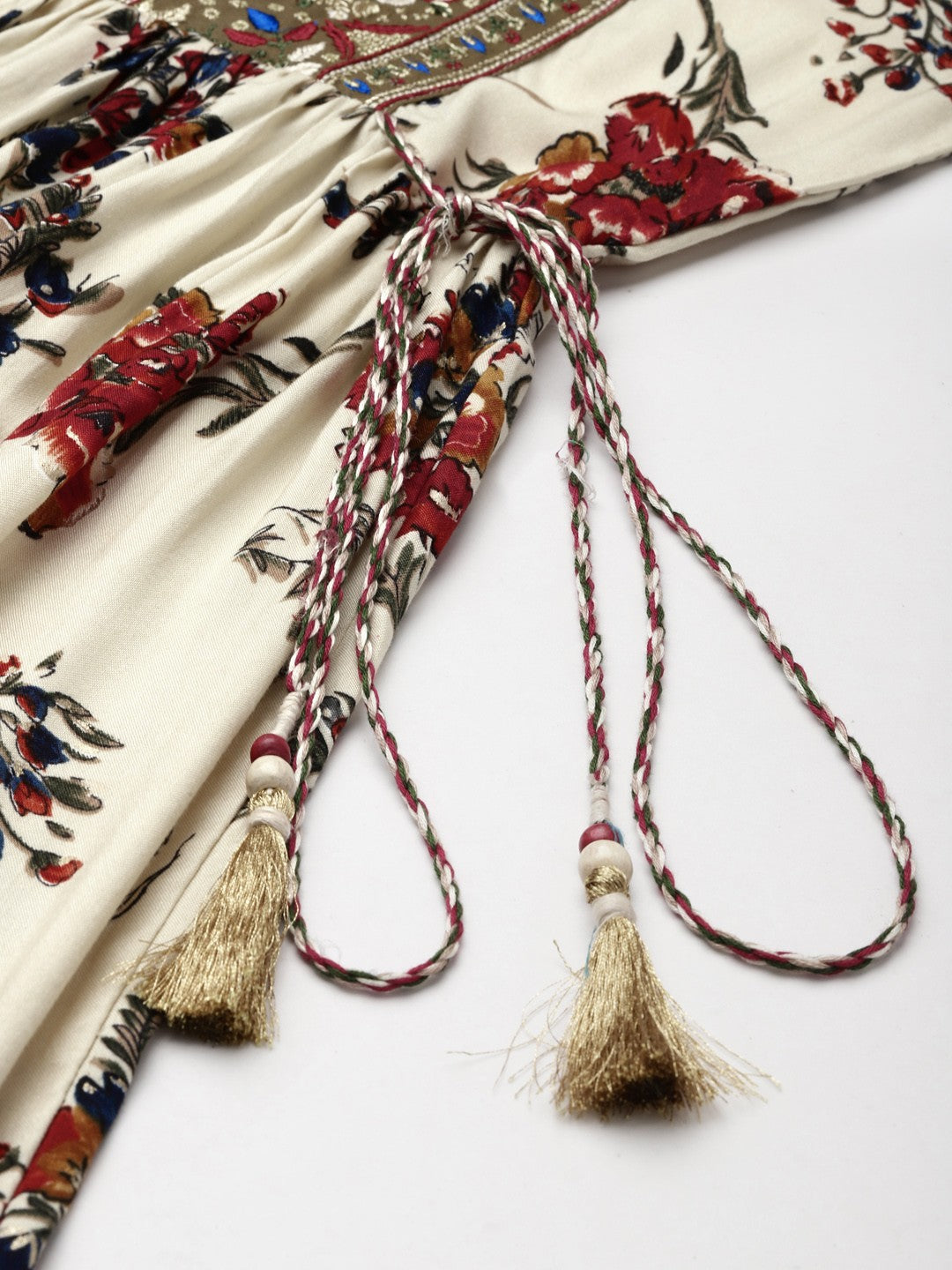 Off White & Red Floral Liva Ethnic A-Line Maxi Ethnic Dress