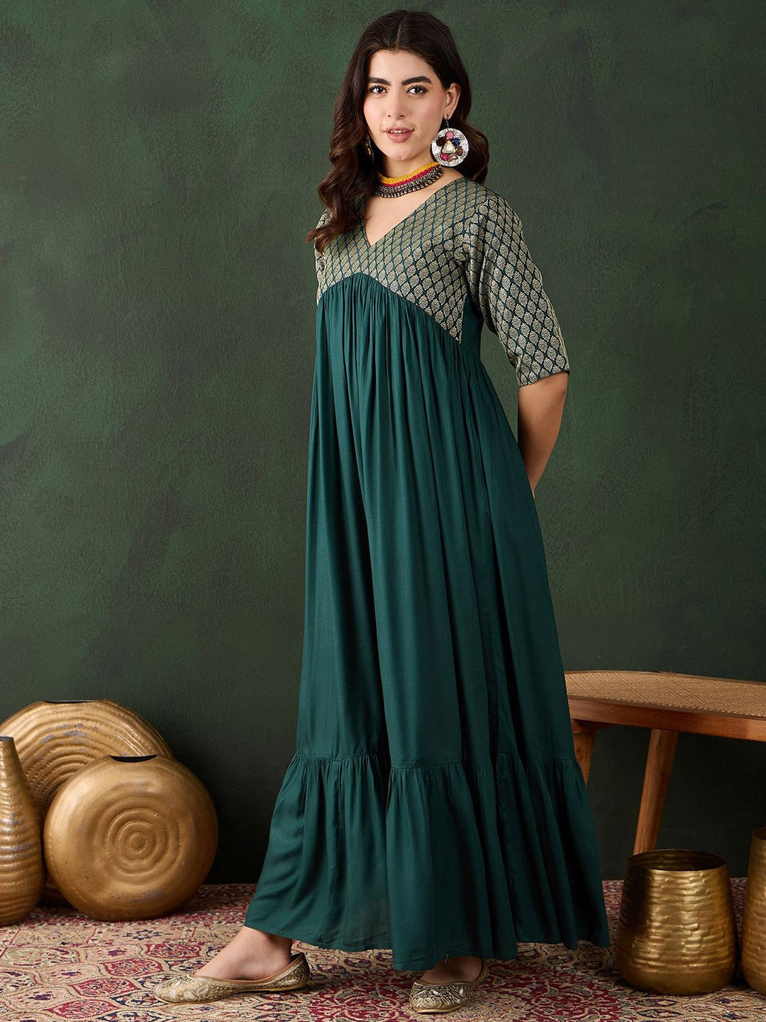 Self Design V-Neck Fit & Flare Tiered Dress