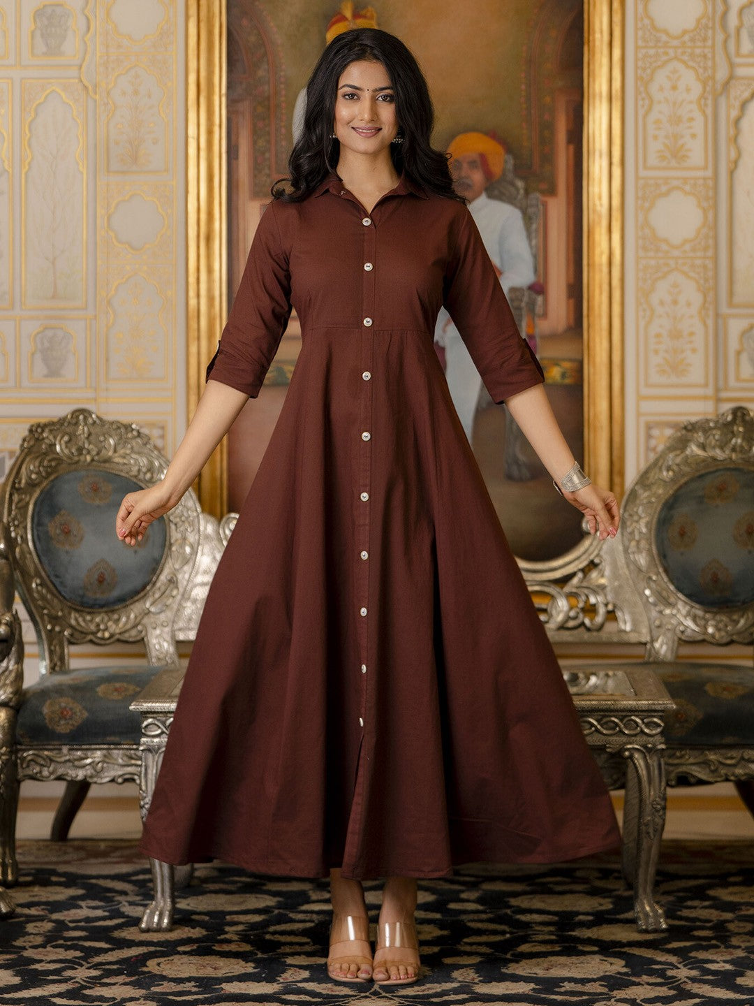 Coffee Brown Shirt Cotton Maxi Dress