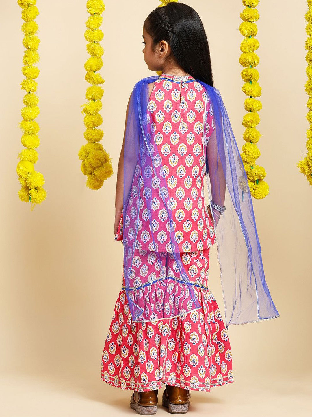 Girls Floral Printed Gotta Patti Cotton Kurta with Sharara & Dupatta