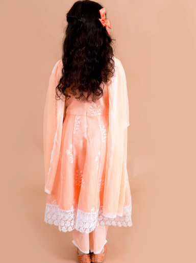Girls Peach-Coloured Floral Embroidered Angrakha Pure Cotton Kurti Set