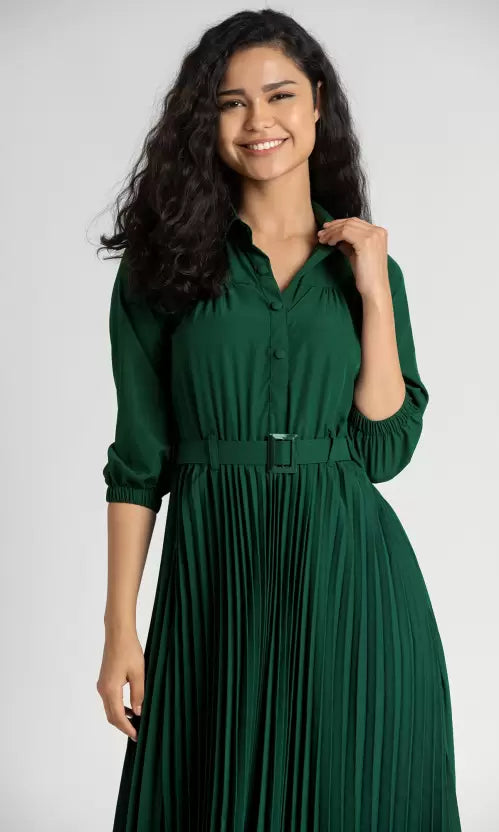 Women Trendy Pleated Green Dress