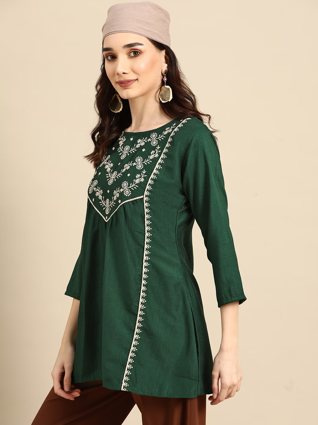 Green Embroidered Longline Top