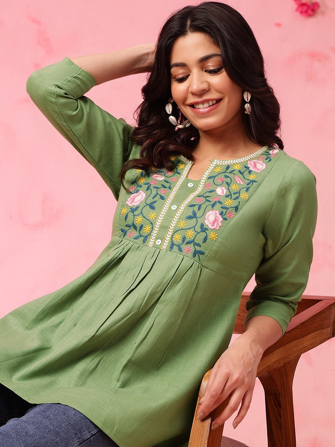 Green Floral Embroidered Thread Work Pure Cotton A-Line Kurti