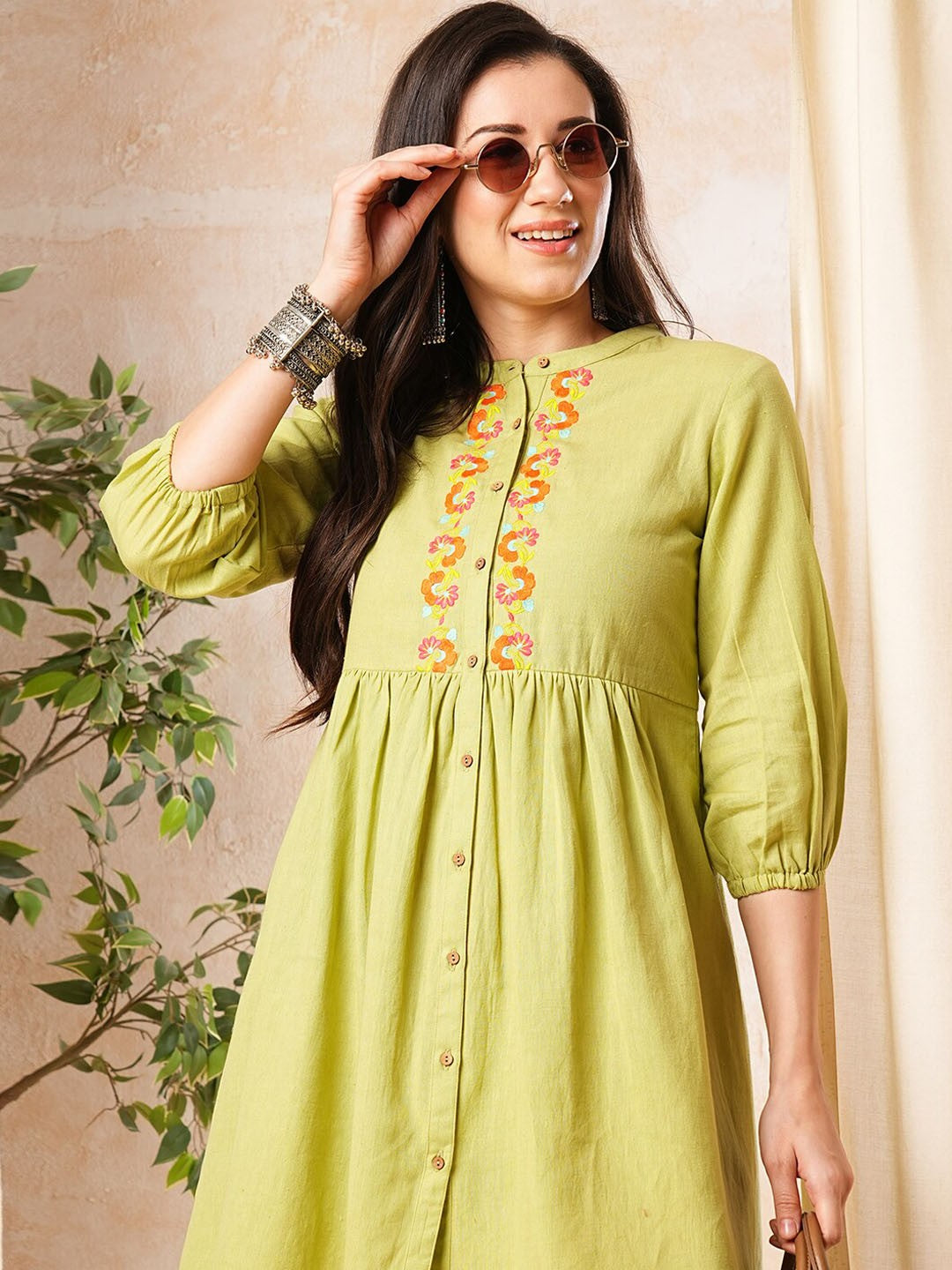 Women Green Mandarin Neck Embroidered Yoke Placket A-Line Dress