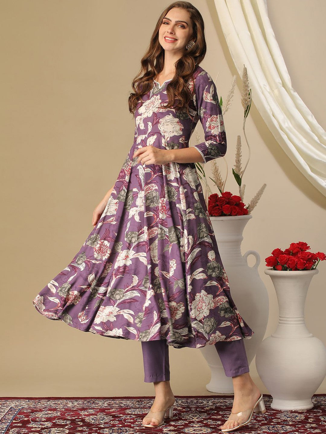 Floral Printed Notched Neck Anarkali Kurta With Trousers