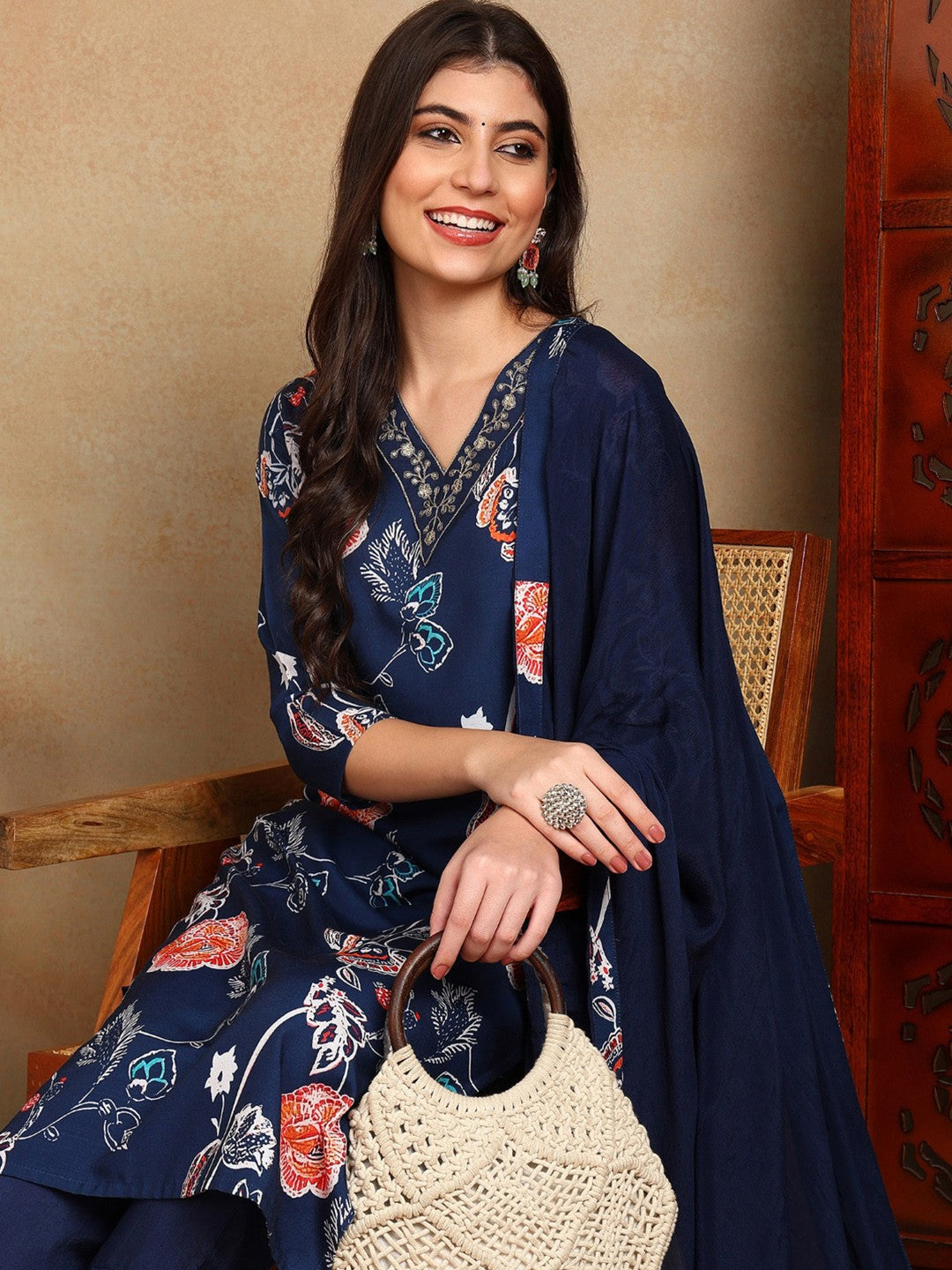 Navy Blue Floral Printed Zari Work Straight Kurta With Trousers & Dupatta