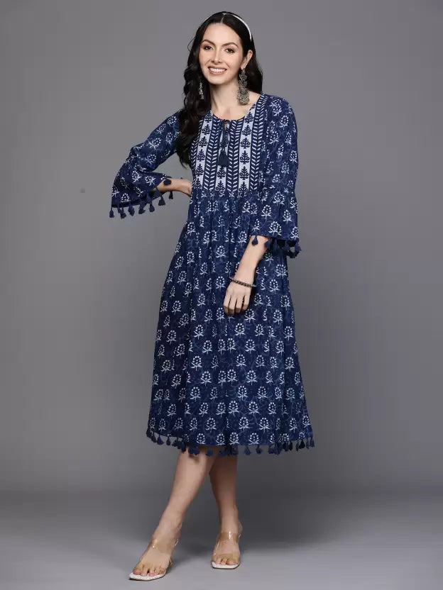 Women A-line Dark Blue, White Dress