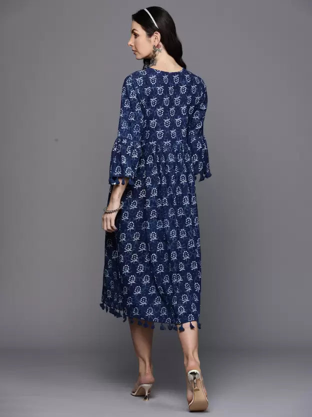 Women A-line Dark Blue, White Dress