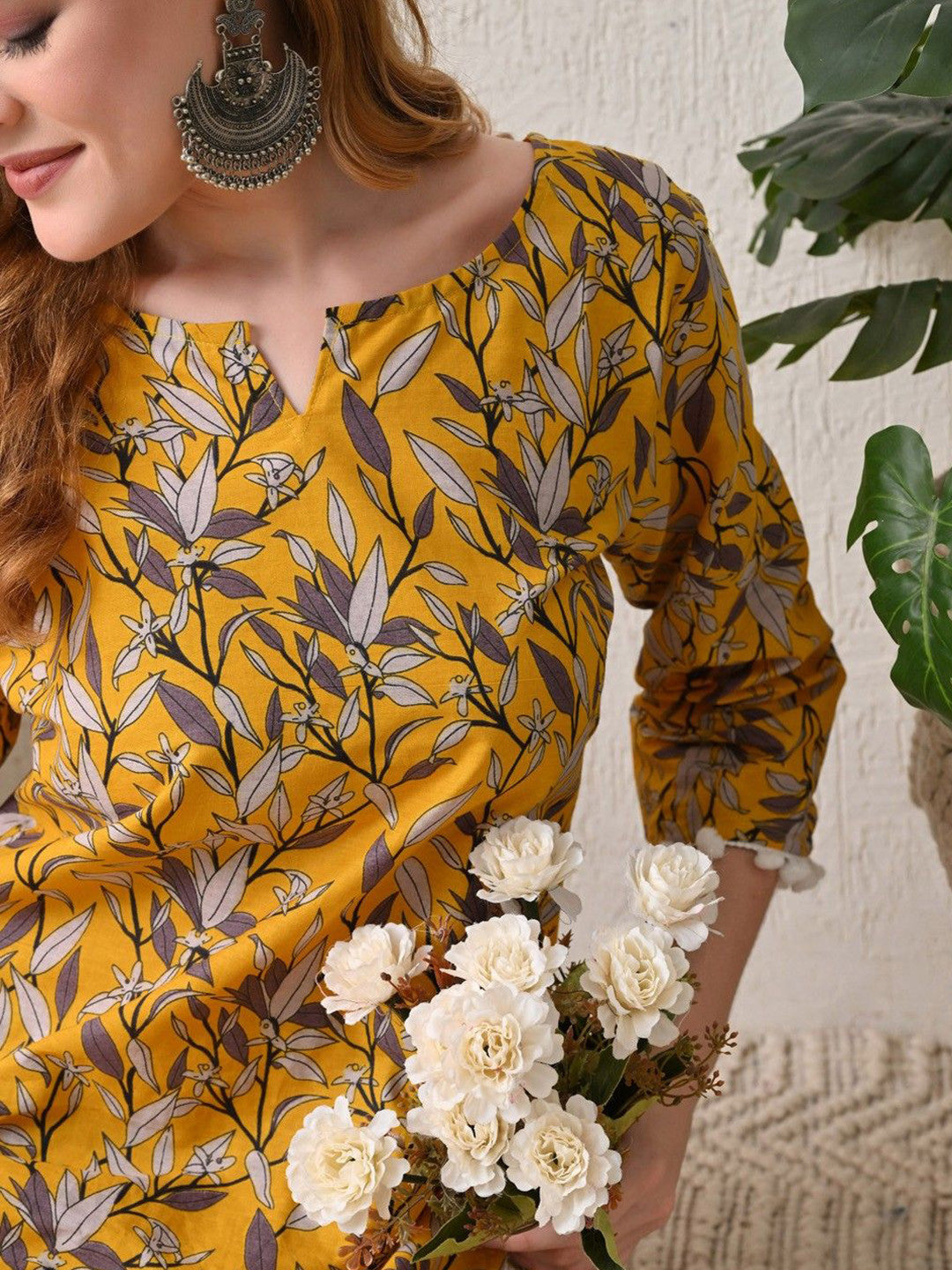 Floral Printed V-Neck Pure Cotton Straight Kurta With Salwar