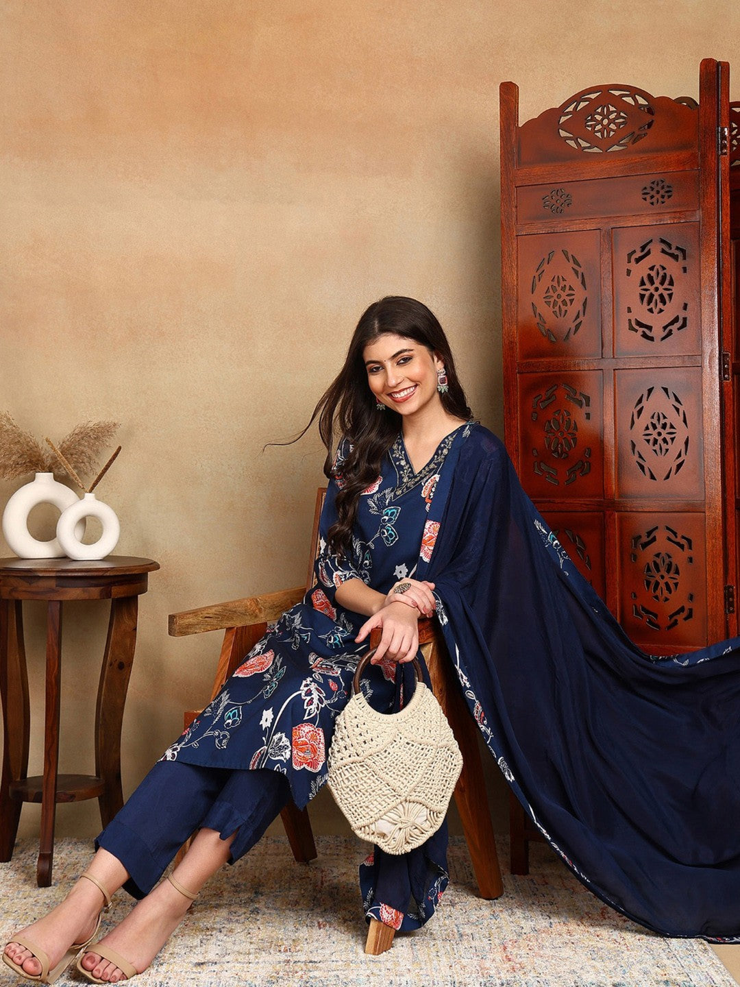 Navy Blue Floral Printed Zari Work Straight Kurta With Trousers & Dupatta