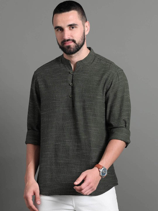 Mandarin Collar Geometric Cotton Thread Work Dobby Kurta