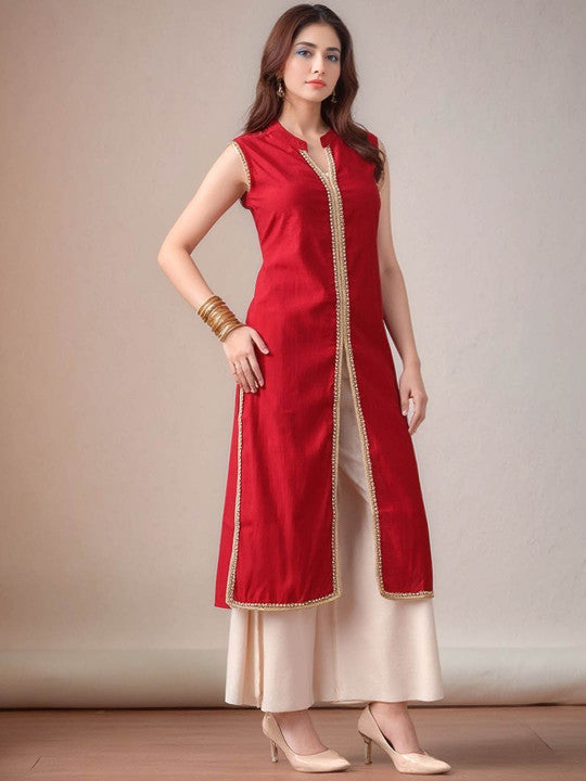 Mandarin Collar Sleeveless Gotta Patti Straight Kurta With Palazzo - Amy's Cart