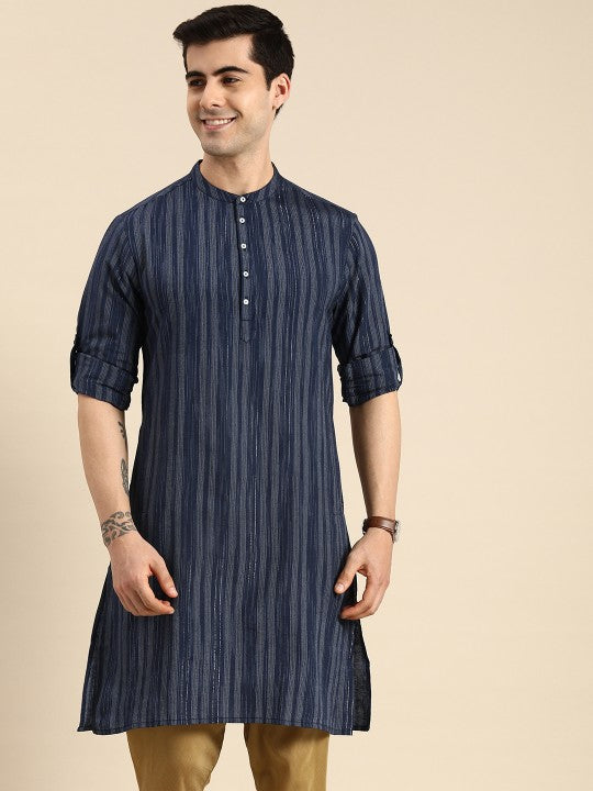 Men Navy Blue & Gold Toned Striped Mandarin Collar Indigo Kurta