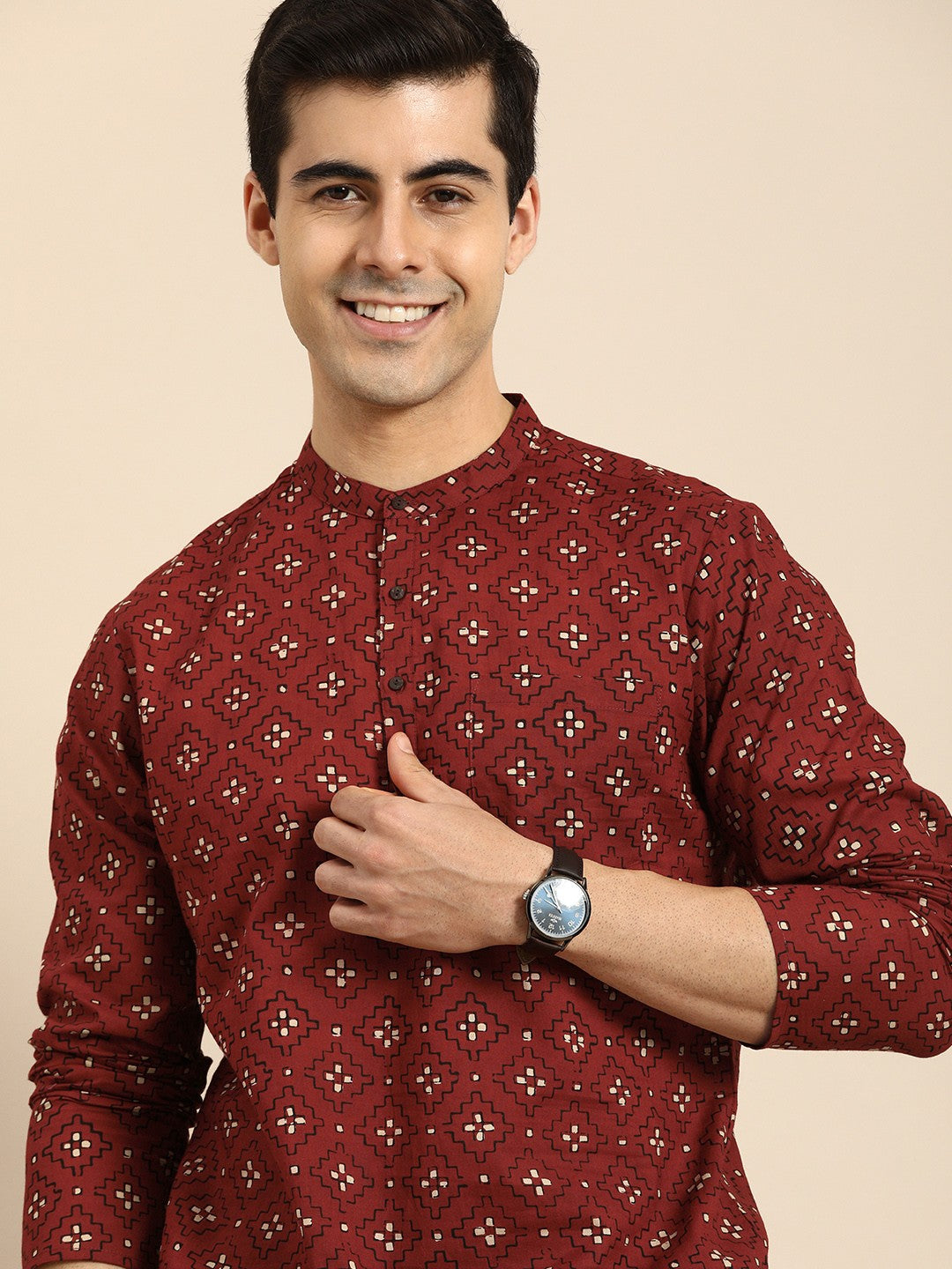 Men Red & Cream Coloured Ethnic Motifs Printed Pure Cotton Kurta