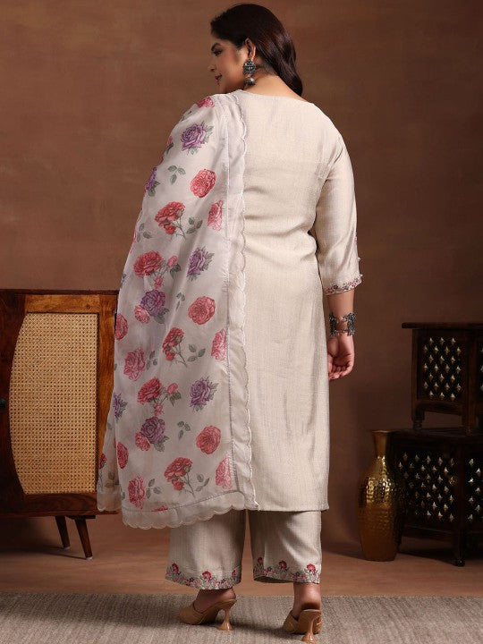 Plus Size Floral Yoke Designed Pleated Kurta with Trouser & Dupatta