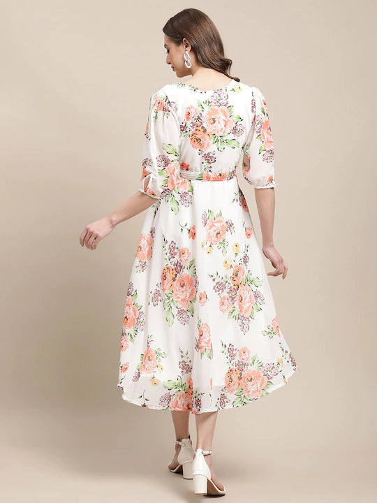 Printed Floral Keyhole Neck Midi Dress