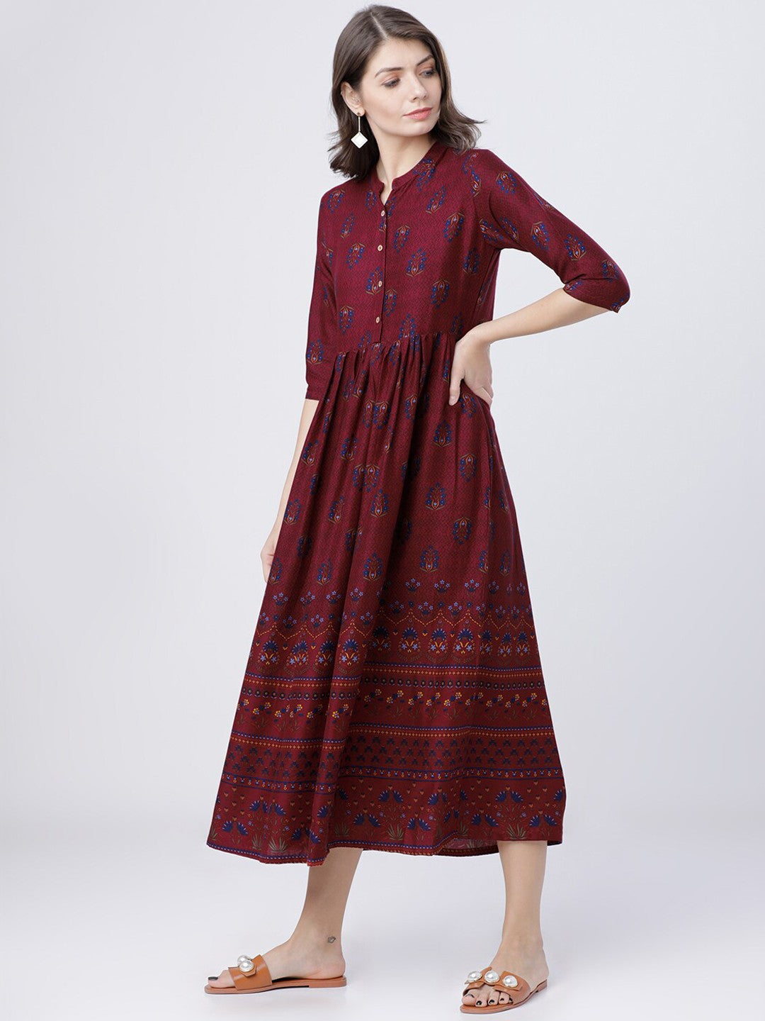 Women Burgundy Printed Maxi Dress