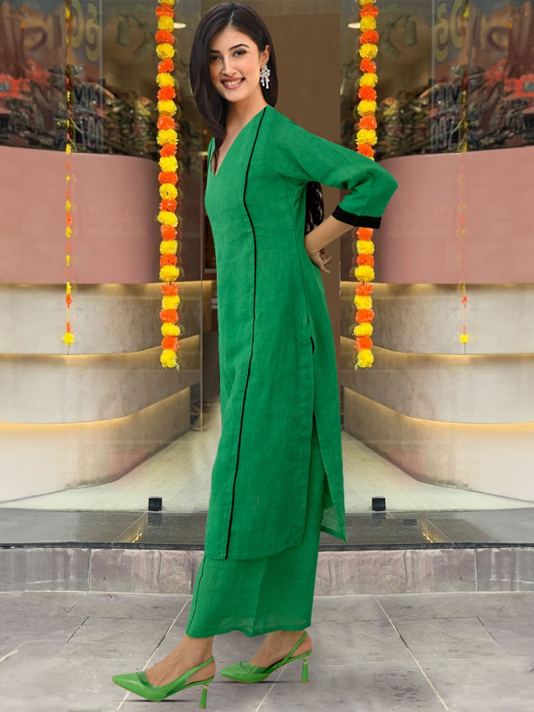 V-Neck Green Straight Kurta with Palazzos