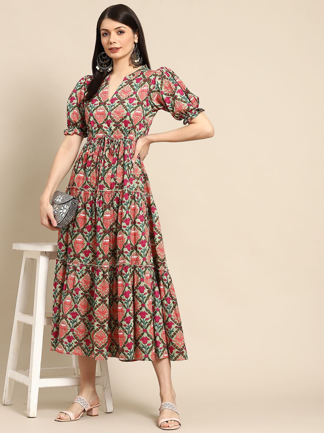 Green & Pink Ethnic Motifs Printed Tiered Pure Cotton A-Line Midi Dress