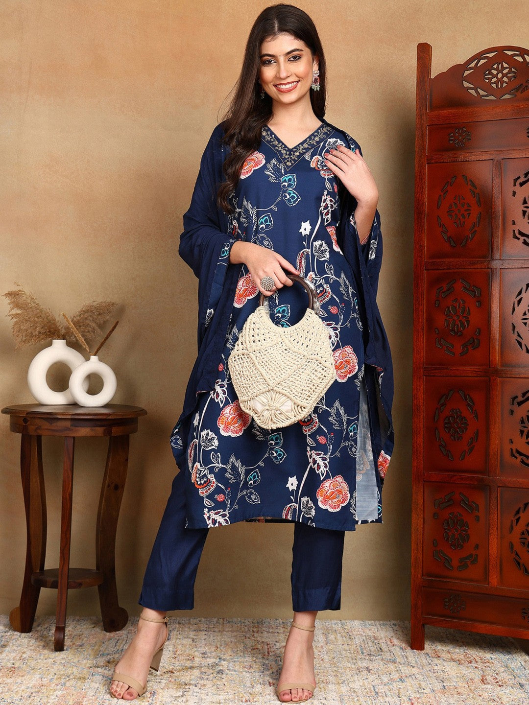 Navy Blue Floral Printed Zari Work Straight Kurta With Trousers & Dupatta
